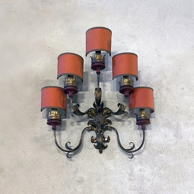 Baroque Style Italian Wall Lamp with Five Arms with Red Lampshades, 1950s-GDD-1097220