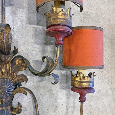 Baroque Style Italian Wall Lamp with Five Arms with Red Lampshades, 1950s-GDD-1097220