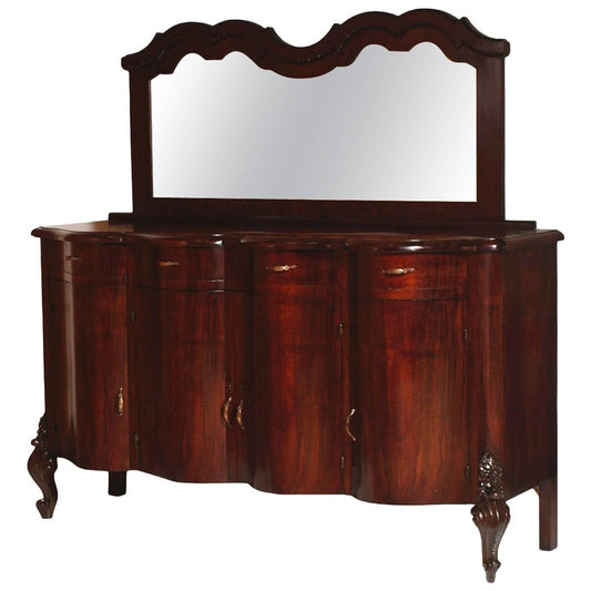 Baroque-Style Walnut Burl Credenza with Mirror, 1890s