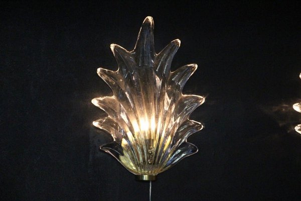 Barovier Clear Murano Glass Leaf and Brass Sconces, 2000s, Set of 2-YF-1427620