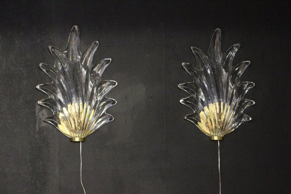 Barovier Clear Murano Glass Leaf and Brass Sconces, 2000s, Set of 2-YF-1427620