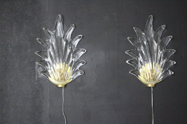 Barovier Clear Murano Glass Leaf and Brass Sconces, 2000s, Set of 2-YF-1427620