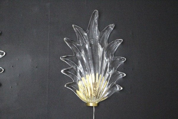 Barovier Clear Murano Glass Leaf and Brass Sconces, 2000s, Set of 2-YF-1427620