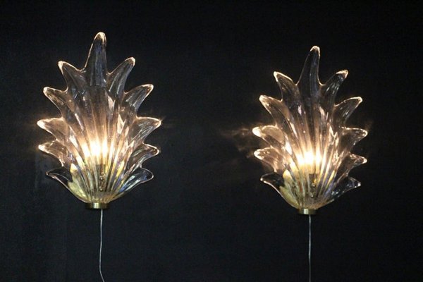 Barovier Clear Murano Glass Leaf and Brass Sconces, 2000s, Set of 2-YF-1427620