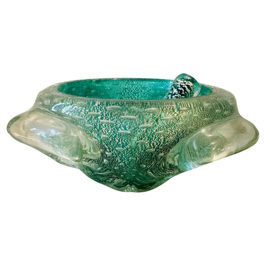 Barovier Green and Gold Bullicante Murano Glass Ashtray and Pestle, 1960s