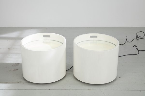 Barrel-Shaped Illuminated Tables in White Lacquered Wood with Glass Tops, 1970s, Set of 2-AA-1745446