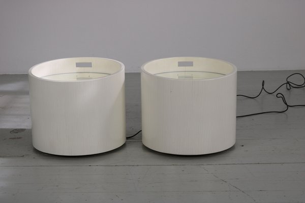 Barrel-Shaped Illuminated Tables in White Lacquered Wood with Glass Tops, 1970s, Set of 2-AA-1745446