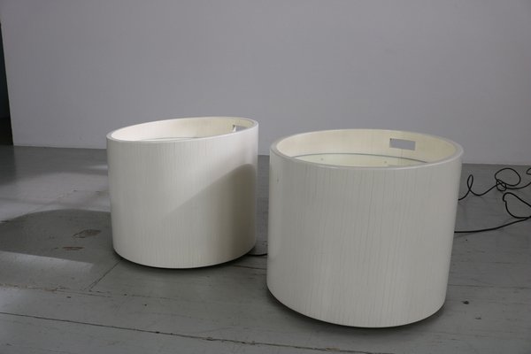 Barrel-Shaped Illuminated Tables in White Lacquered Wood with Glass Tops, 1970s, Set of 2-AA-1745446