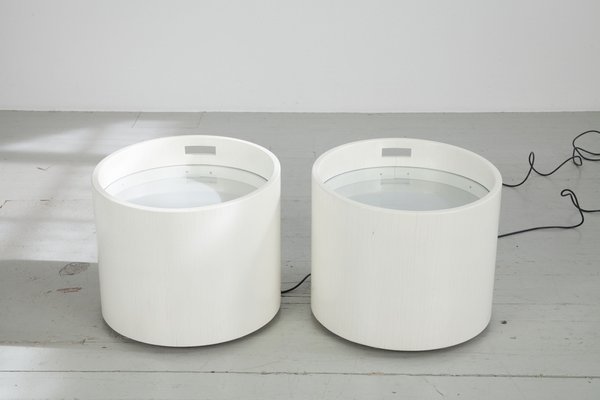 Barrel-Shaped Illuminated Tables in White Lacquered Wood with Glass Tops, 1970s, Set of 2-AA-1745446