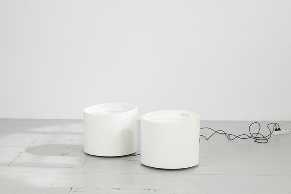 Barrel-Shaped Illuminated Tables in White Lacquered Wood with Glass Tops, 1970s, Set of 2-AA-1745446