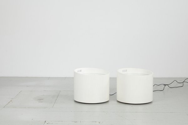 Barrel-Shaped Illuminated Tables in White Lacquered Wood with Glass Tops, 1970s, Set of 2-AA-1745446