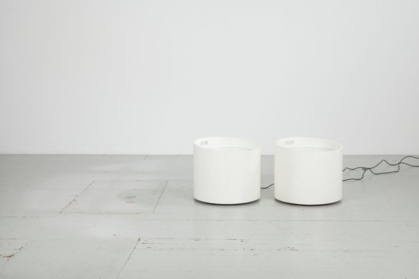 Barrel-Shaped Illuminated Tables in White Lacquered Wood with Glass Tops, 1970s, Set of 2-AA-1745446