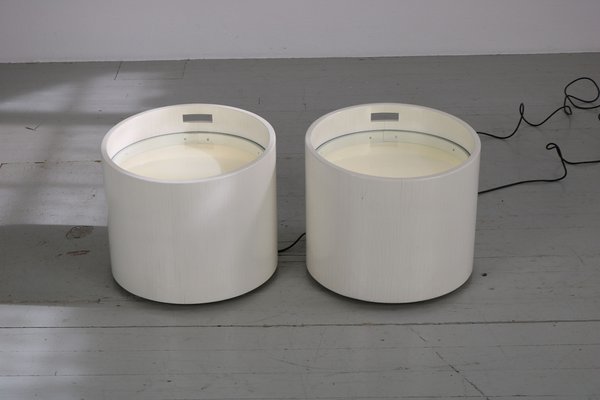 Barrel-Shaped Illuminated Tables in White Lacquered Wood with Glass Tops, 1970s, Set of 2-AA-1745446