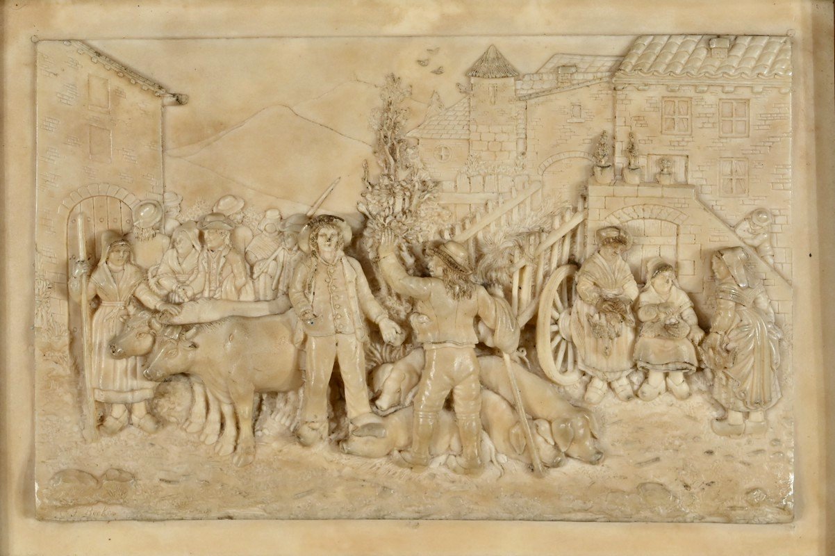 Bas-Relief Painting in Petrified Limestone by C. F. Becker, Late 19th Century