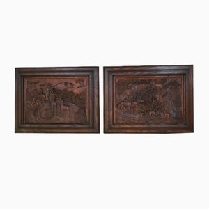 Bas-Reliefs Scenes in a Wooden Frame Signed by M. Arendt, 1940s, Set of 2-WQQ-1332599