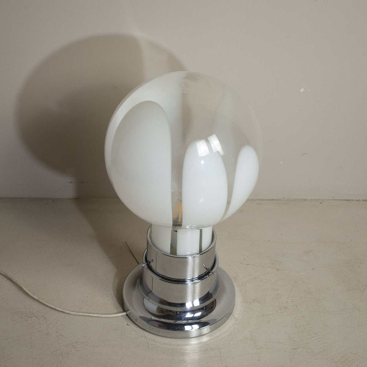 Basic Mazzega Style Table Lamp in Steel With Satin Glass Sphere, 1970s