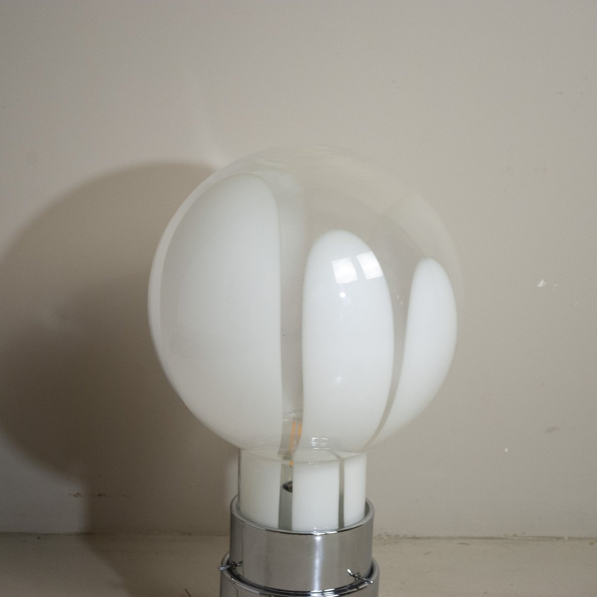 Basic Mazzega Style Table Lamp in Steel With Satin Glass Sphere, 1970s