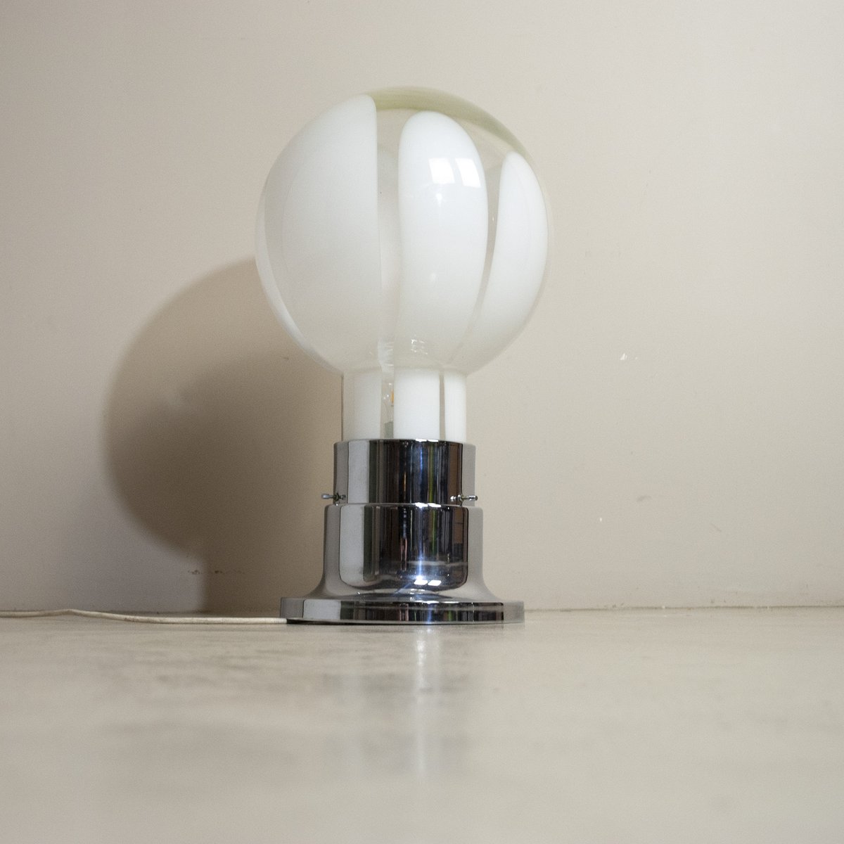 Basic Mazzega Style Table Lamp in Steel With Satin Glass Sphere, 1970s