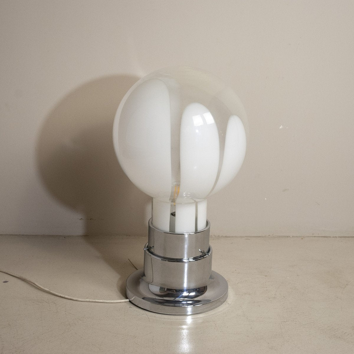 Basic Mazzega Style Table Lamp in Steel With Satin Glass Sphere, 1970s