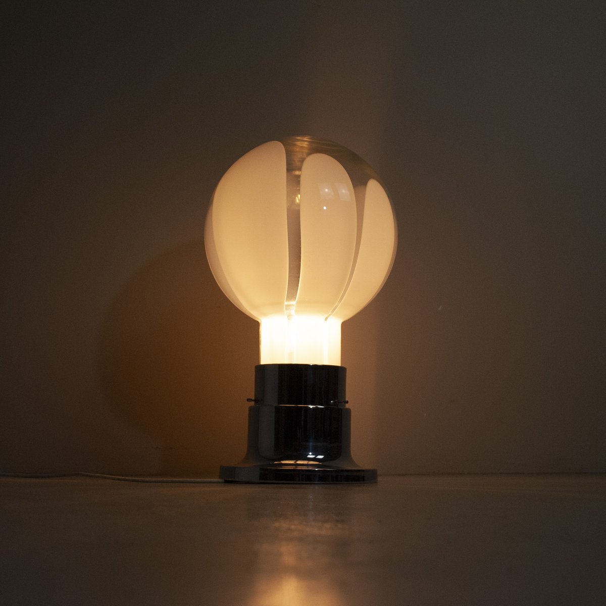 Basic Mazzega Style Table Lamp in Steel With Satin Glass Sphere, 1970s