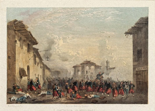 Battle of Melegnano - Original Hand Colored Lithograph by C. Perrin - 1850 ca. 1850 ca.