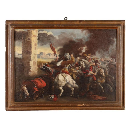 Battle Scene, Oil on Canvas, 18th Century, Framed