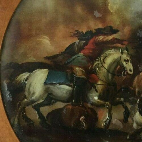 Battle Scene with Horses, 19th-Century, Oil on Glass, Framed