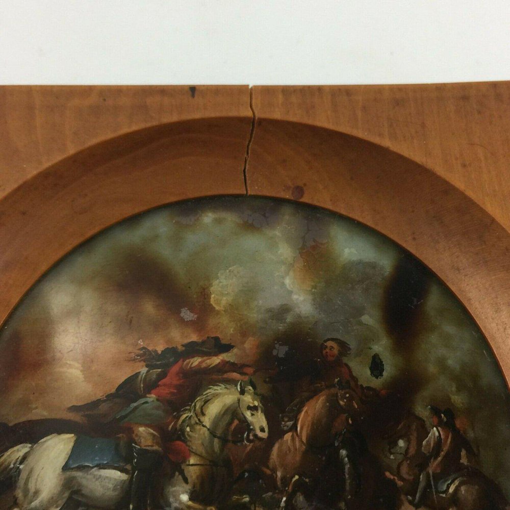 Battle Scene with Horses, 19th-Century, Oil on Glass, Framed