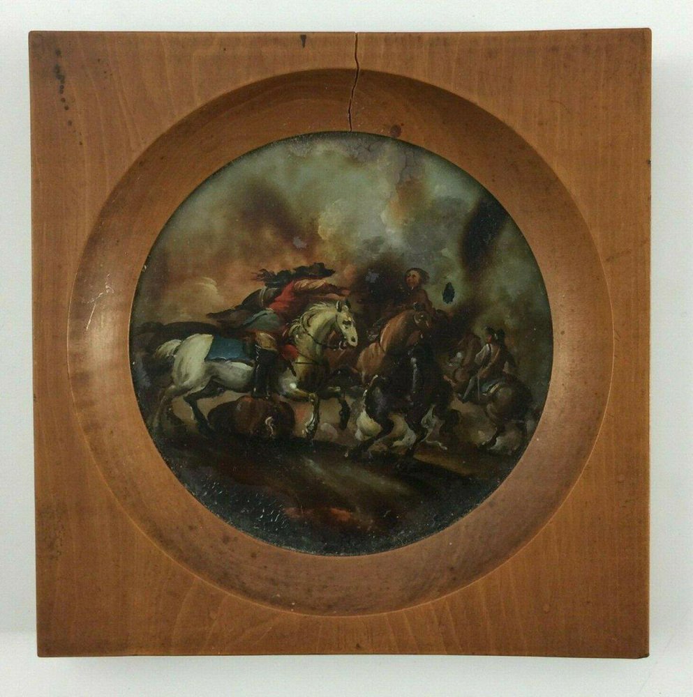 Battle Scene with Horses, 19th-Century, Oil on Glass, Framed