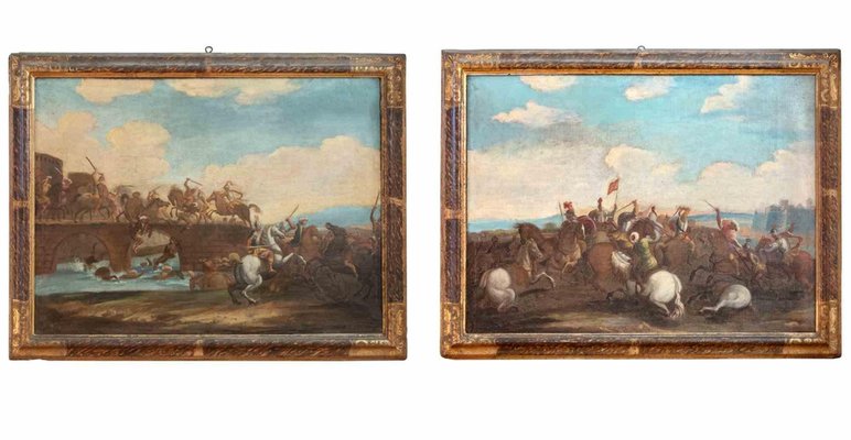 Battle Scenes, Oil Paintings, 18th Century, Set of 2-ZCI-2029226