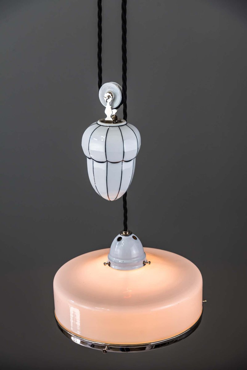 Bauhaus Adjustable Porcelain Chandelier with Original Shade, 1920s