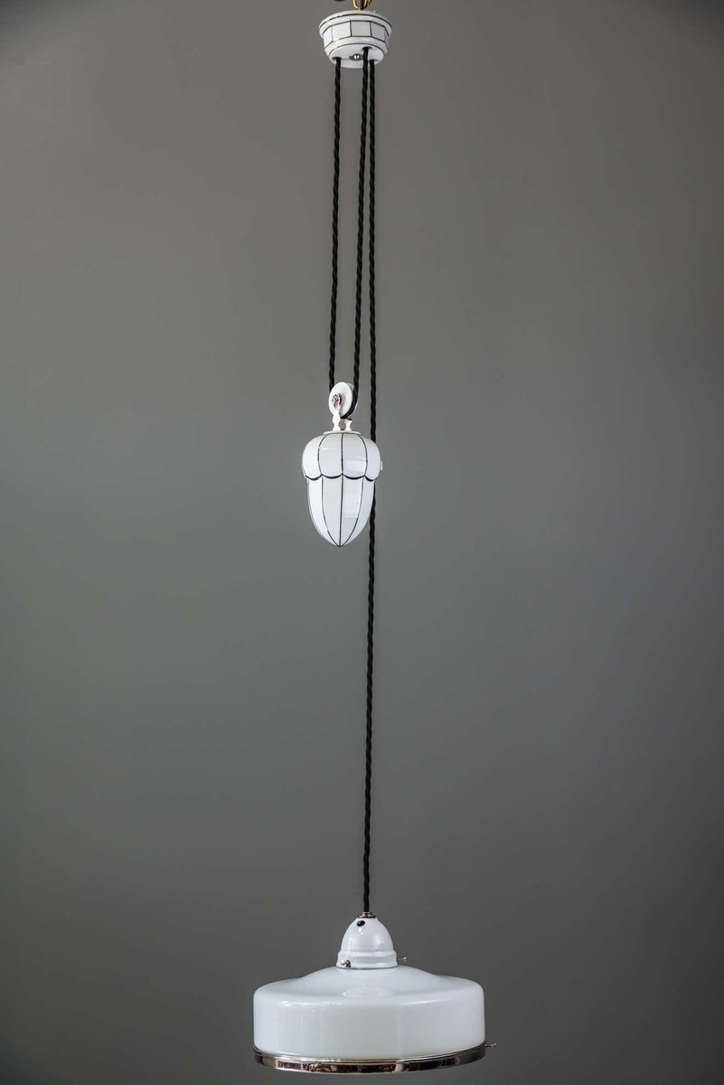 Bauhaus Adjustable Porcelain Chandelier with Original Shade, 1920s