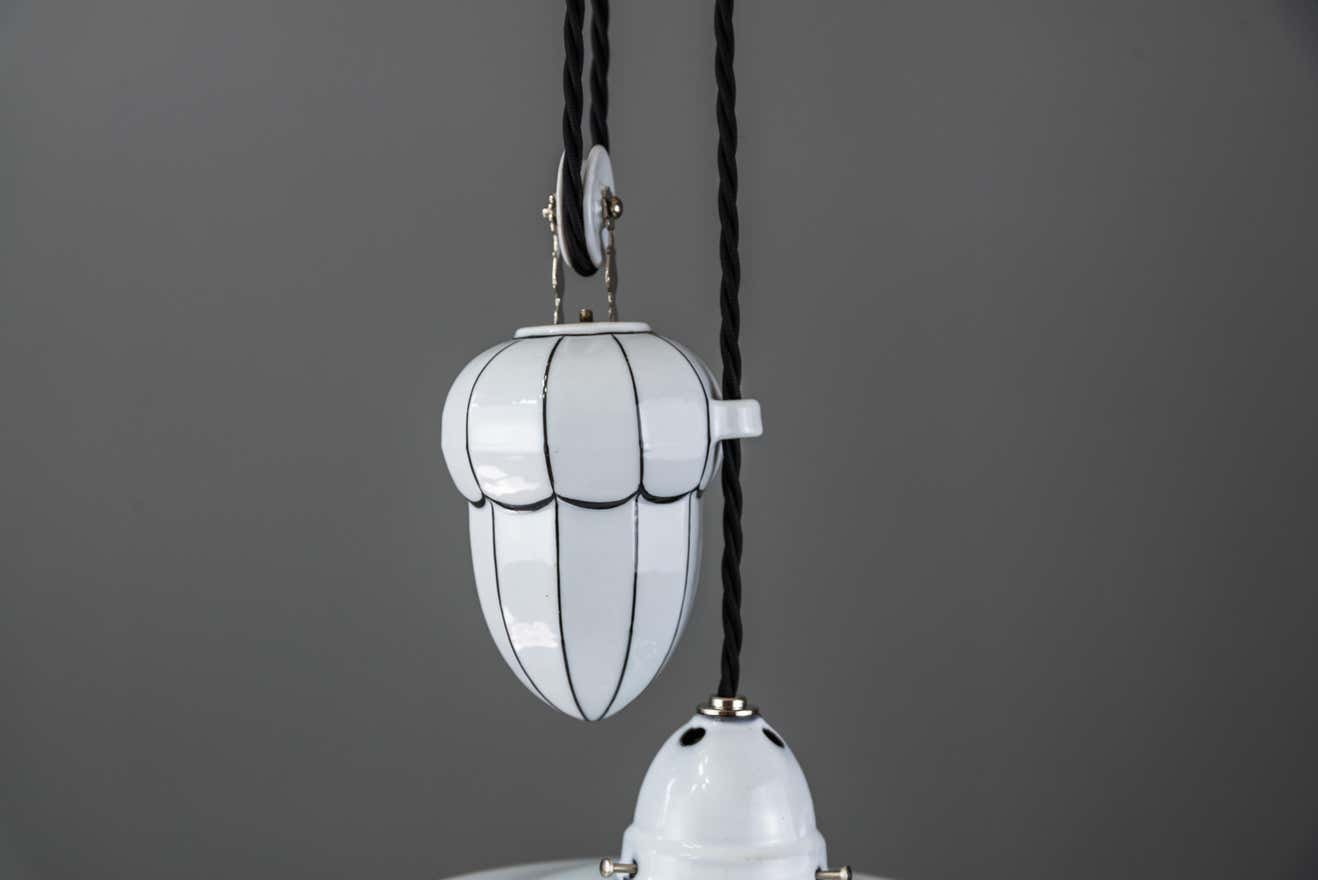 Bauhaus Adjustable Porcelain Chandelier with Original Shade, 1920s