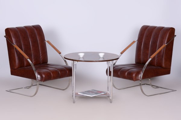 Bauhaus Armchairs in Leather, Nickel-Plating, Czech, 1920s , Set of 2-WHY-2042120