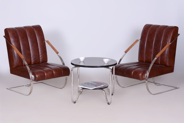 Bauhaus Armchairs in Leather, Nickel-Plating, Czech, 1920s , Set of 2-WHY-2042120