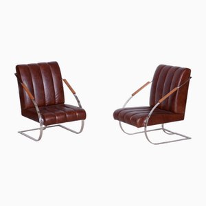 Bauhaus Armchairs in Leather, Nickel-Plating, Czech, 1920s , Set of 2-WHY-2042120