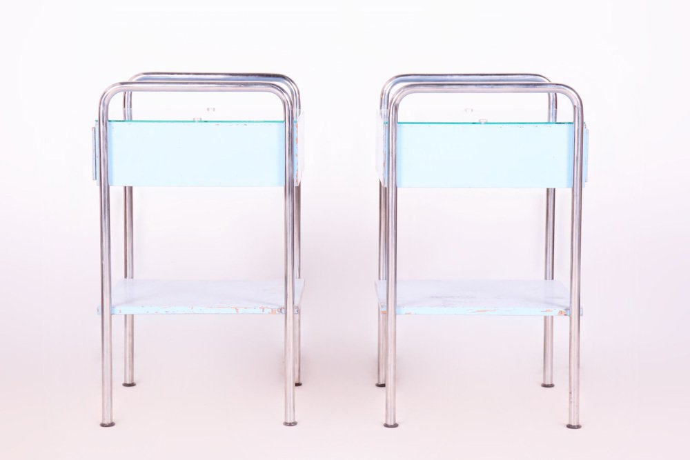 Bauhaus Bedside Tables in Plywood and Chrome-Plated Steel by Mücke Melder, 1930s, Set of 2