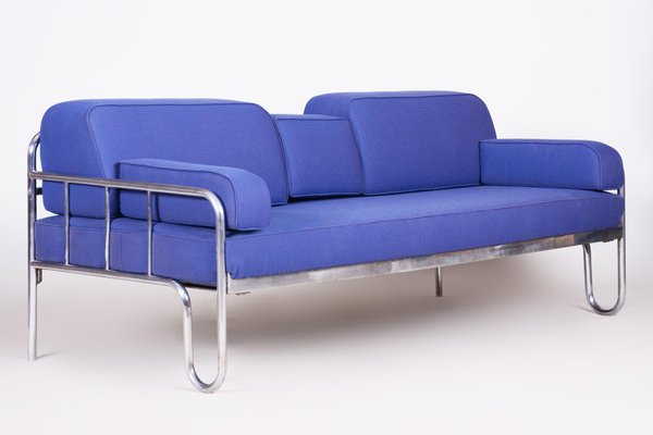 Bauhaus Blue Chrome Sofa, Czechia, 1930s-WHY-1078970