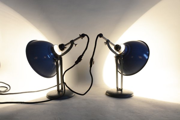 Bauhaus Blue Table Lamps in Enameled Steel attributed to Drupol, Bag Bronzewarenfabrik, Czech, 1930s, Set of 2-WHY-1778091