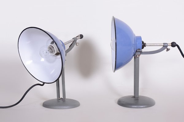 Bauhaus Blue Table Lamps in Enameled Steel attributed to Drupol, Bag Bronzewarenfabrik, Czech, 1930s, Set of 2-WHY-1778091