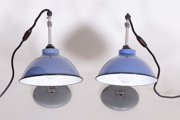 Bauhaus Blue Table Lamps in Enameled Steel attributed to Drupol, Bag Bronzewarenfabrik, Czech, 1930s, Set of 2-WHY-1778091