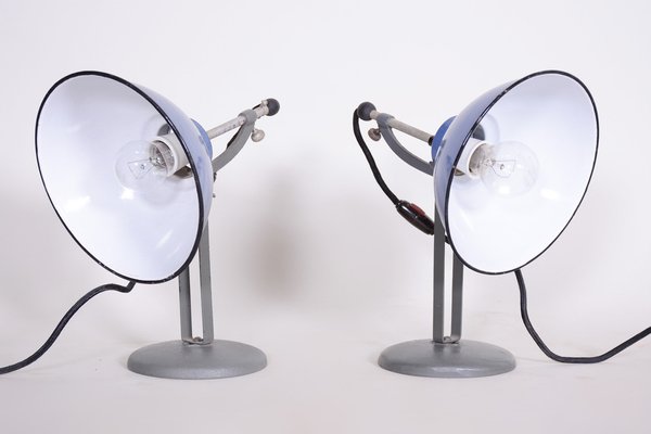 Bauhaus Blue Table Lamps in Enameled Steel attributed to Drupol, Bag Bronzewarenfabrik, Czech, 1930s, Set of 2-WHY-1778091