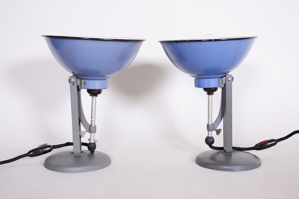 Bauhaus Blue Table Lamps in Enameled Steel attributed to Drupol, Bag Bronzewarenfabrik, Czech, 1930s, Set of 2-WHY-1778091