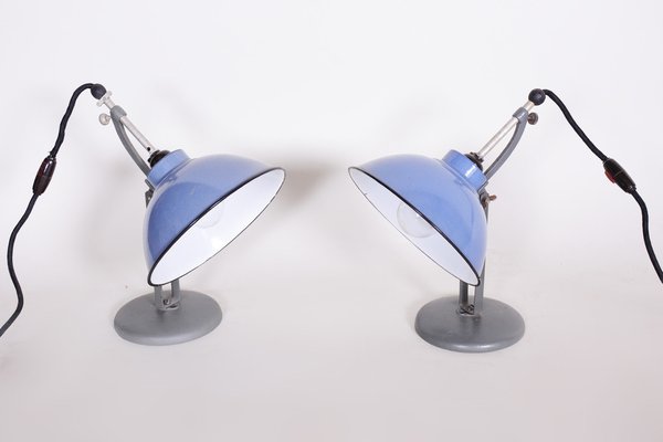 Bauhaus Blue Table Lamps in Enameled Steel attributed to Drupol, Bag Bronzewarenfabrik, Czech, 1930s, Set of 2-WHY-1778091