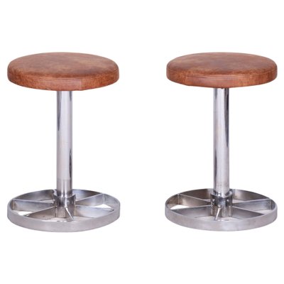 Bauhaus Chrome-Plated Steel Stools in Brown Leather, Czech, 1939, Set of 2-WHY-1724410