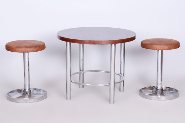 Bauhaus Chrome-Plated Steel Stools in Brown Leather, Czech, 1939, Set of 2-WHY-1724410