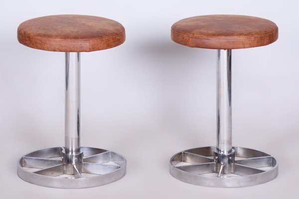 Bauhaus Chrome-Plated Steel Stools in Brown Leather, Czech, 1939, Set of 2-WHY-1724410