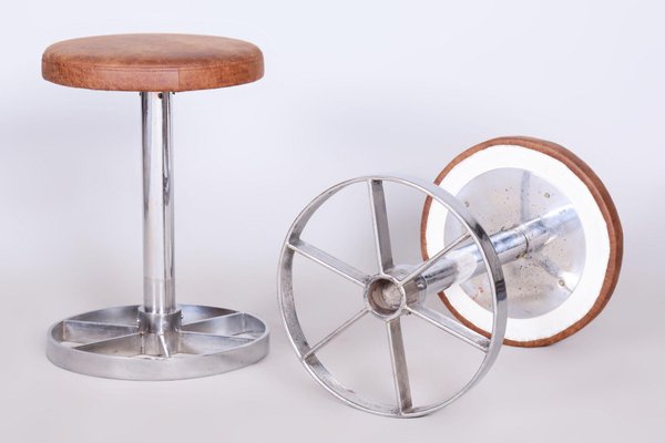 Bauhaus Chrome-Plated Steel Stools in Brown Leather, Czech, 1939, Set of 2-WHY-1724410