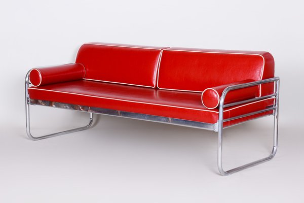 Bauhaus Czech Red Tubular Sofa in Chrome-Plated Steel & High Quality Leather attributed to Hynek Gottwald, Czech, 1930s-WHY-1776774