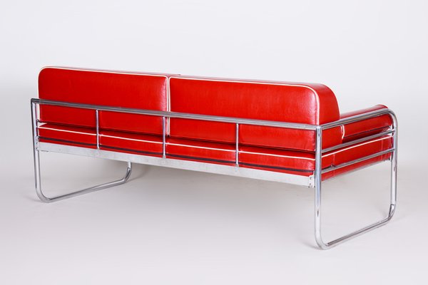 Bauhaus Czech Red Tubular Sofa in Chrome-Plated Steel & High Quality Leather attributed to Hynek Gottwald, Czech, 1930s-WHY-1776774